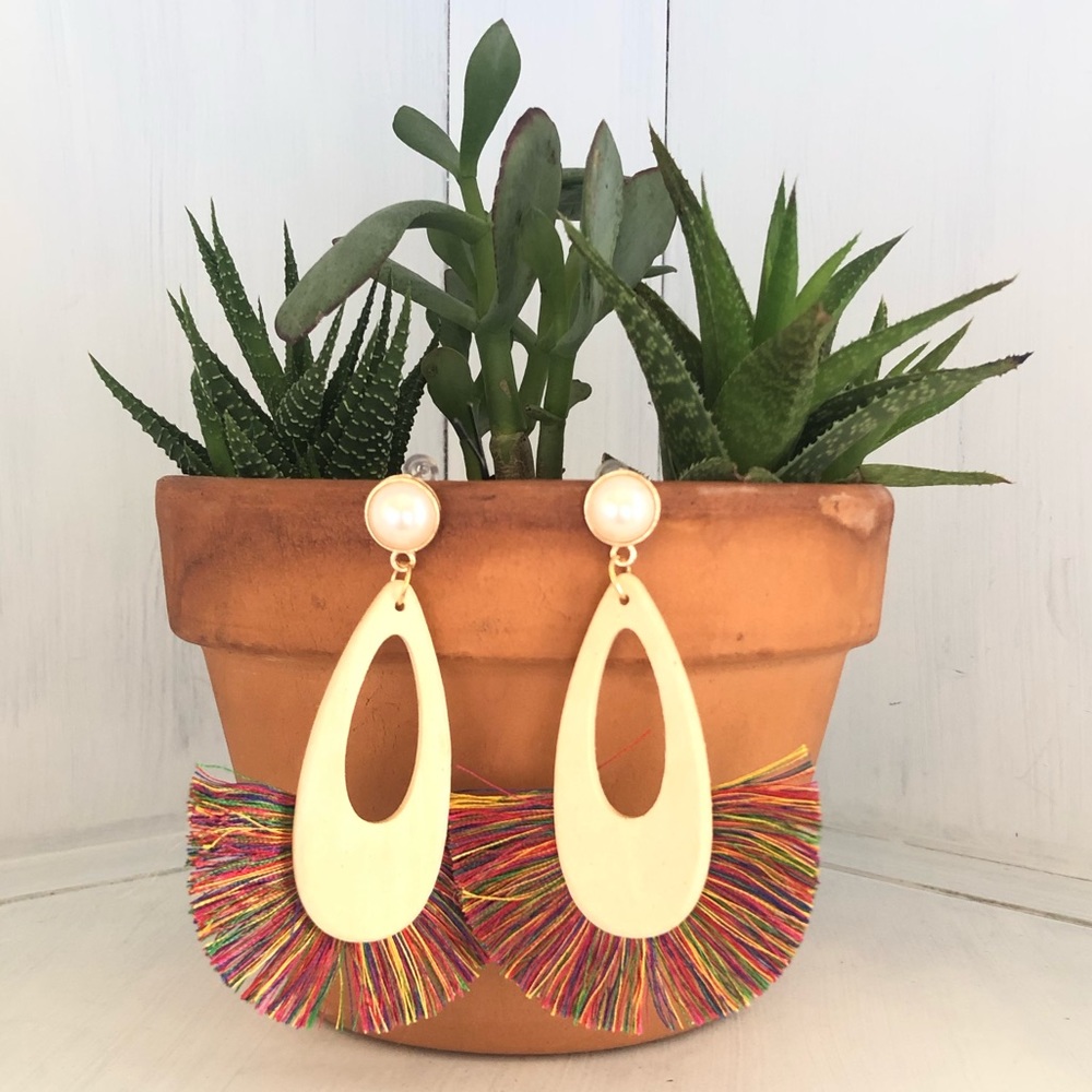 Teardrop Earrings With Multicolor Fringe